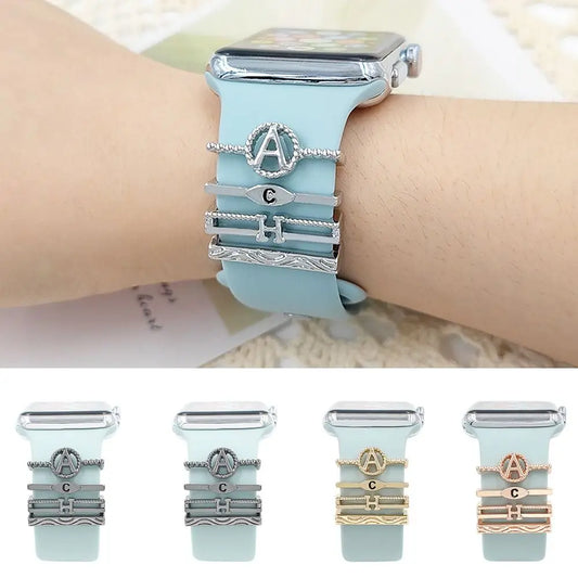 Letter Metal Charms Watch Band Decoration Ring For Apple Diamond Ornament Jewelry Accessories